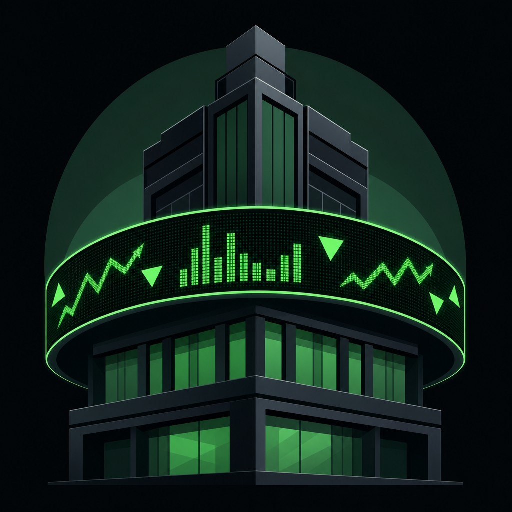Glowing led stock ticker tape with abstract symbols scrolling across a building
