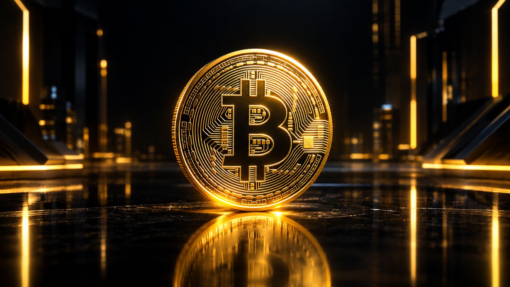 Gleaming physical bitcoin coin standing upright on a reflective dark surface