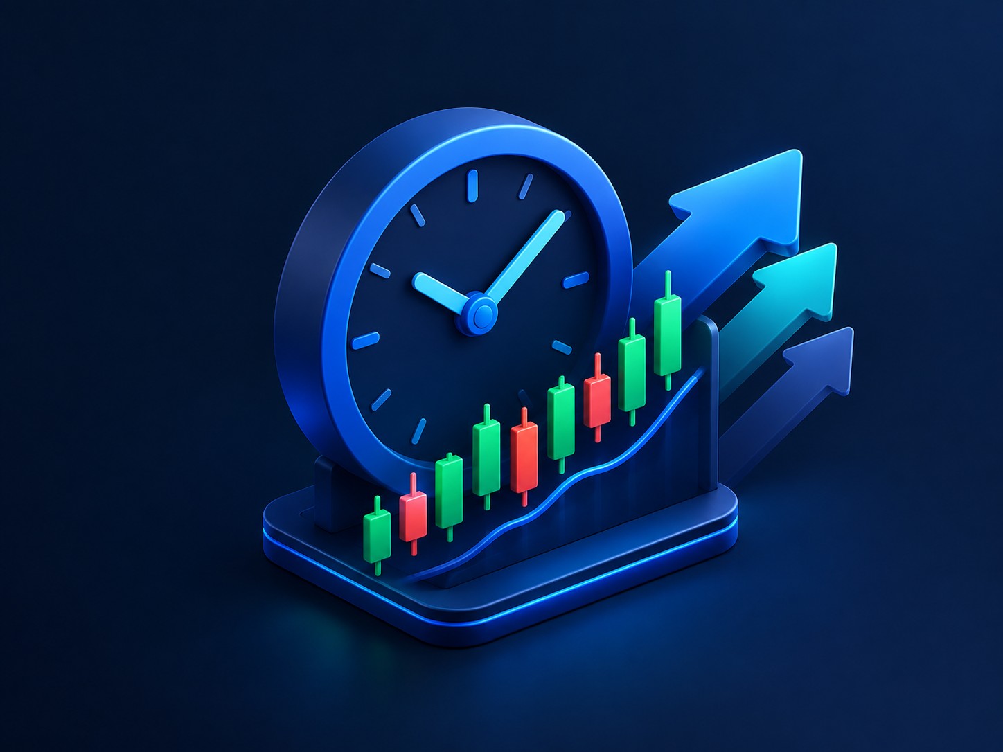 Clock merged with a crypto chart and forward arrows