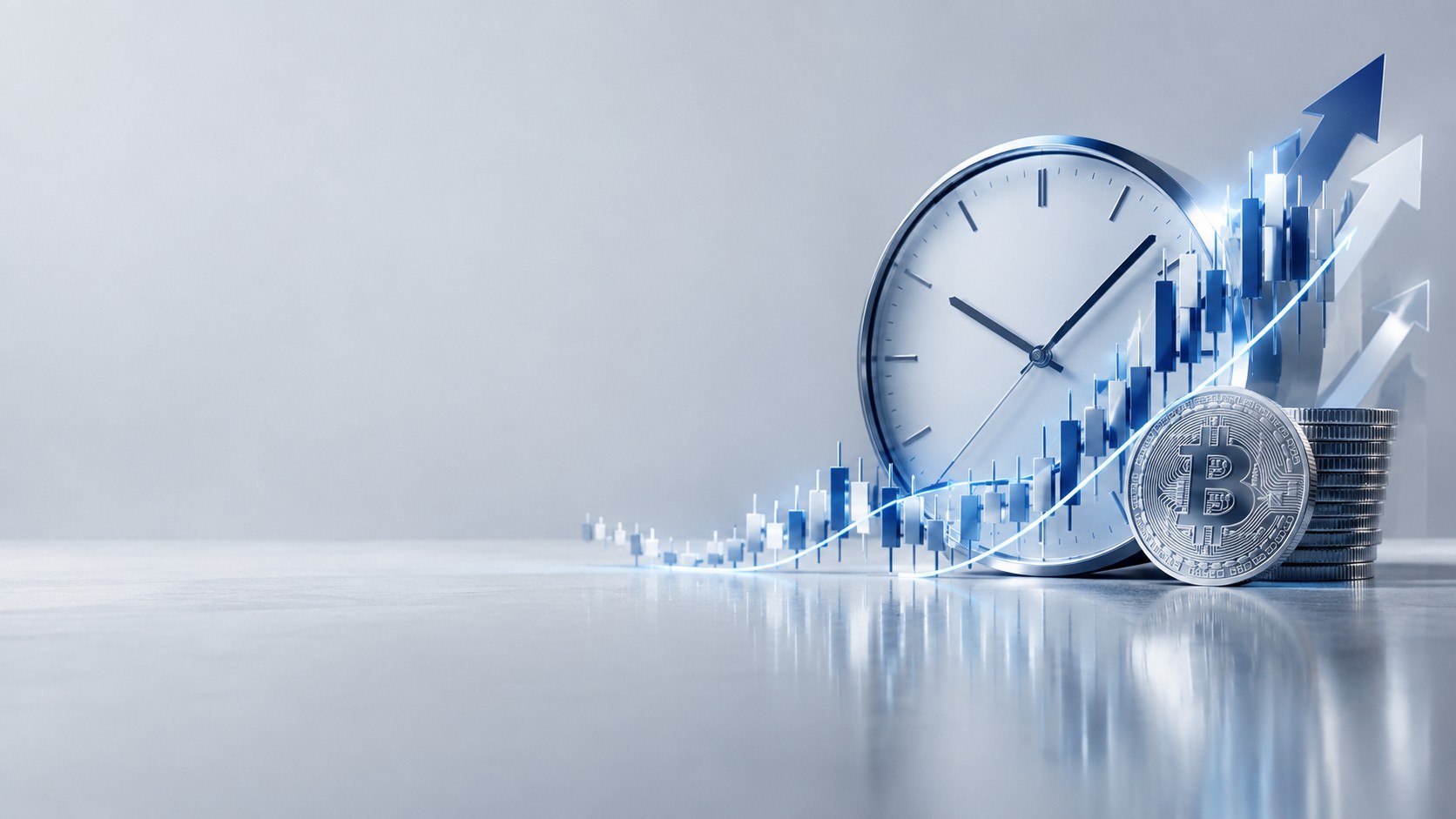 Clock merged with a crypto chart and forward arrows