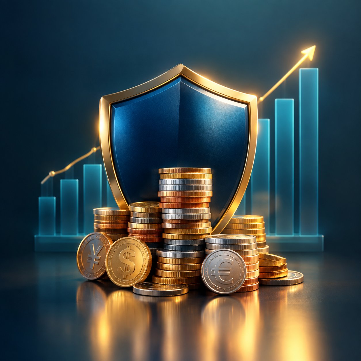 Shield protecting a stack of mixed currency coins with a chart behind