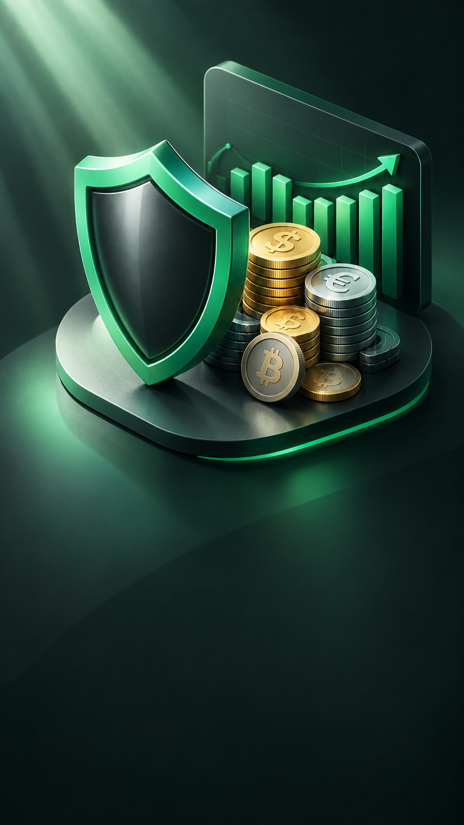 Shield protecting a stack of mixed currency coins with a chart behind